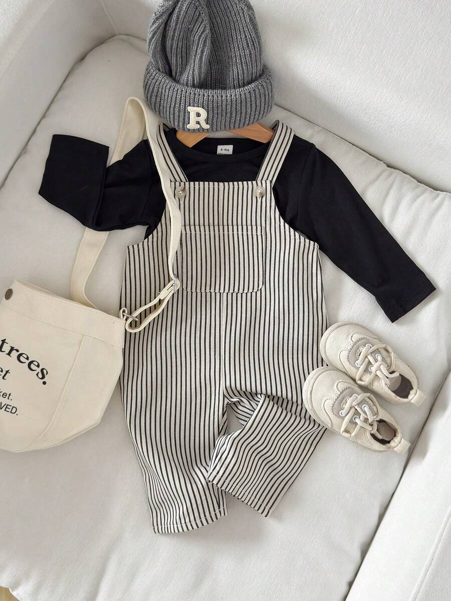 Playful Pals Infant Boys' Casual Striped Suspender Pants & Long Sleeve Round Neck Top Set, Autumn/Winter