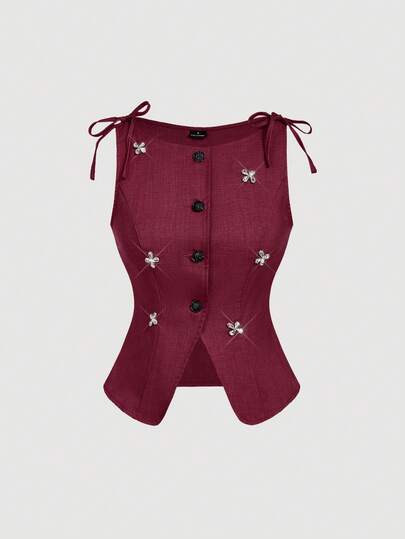 SHEIN MOD 勃艮第无袖水钻装饰轻便女式西装外套，可爱上衣，返校装，商务休闲女装，返校服装，秋冬女士办公室服装