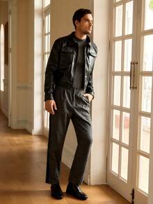 HIMLAND 男士街头时尚休闲PU拉链长袖黑色外套，适合秋冬季穿着 - 杏色 - 查看 3