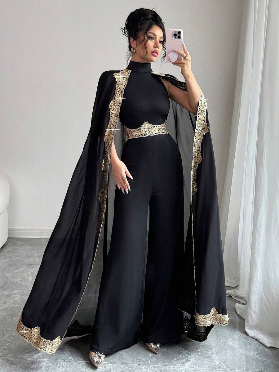 Rafferiza Women's Sequin Patchwork Stand Collar Slit Elegant Jumpsuit - Black - View 1