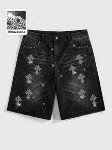 ROMWE MEN Street Life Shorts vaqueros casuales y versátiles con diamantes brillantes para hombres - Negro - Ver 1