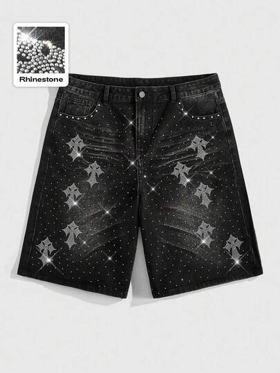 Street Life Shorts vaqueros casuales y versátiles con diamantes brillantes para hombres