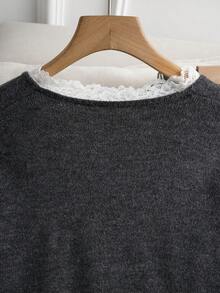 Franclia Bộ 2 áo len dệt kim cổ chữ V viền ren, thời trang cho mùa thu/đông - Màu xám đen - Xem 5
