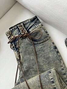 Elamini 女式宽松休闲百搭喇叭牛仔裤 - 藍色 - 查看 4