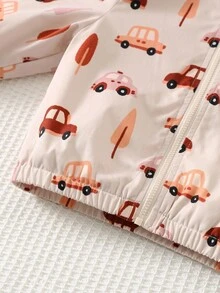 Cozy Pixies 男嬰卡通汽車圖案保暖內裡連帽長袖夾克，百搭舒適秋冬外套 - 卡其色 - 查看 5