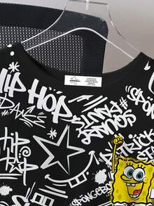 SpongeBob SquarePants | SHEIN 青少年男孩休闲时尚街头卡通及全身字母印花宽松 T 恤，夏季 - 白色 - 查看 4