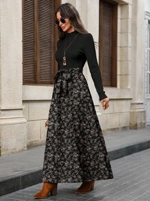 EMERY ROSE Đầm dài thanh lịch giản dị dành cho nữ mùa thu/đông, phối màu, phù hợp cho mùa thu/đông, họa tiết hoa nhỏ xinh cổ điển, thắt nơ eo - Nhiều màu - Xem 2