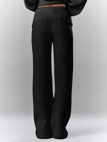 MUSERA Rib Knit Crochet Detail Foldover Waistband Wide Leg Trousers Bottom Only Cosy Cute Casual Coffee Club Evening Party Elegant   Spring - Black - View 4