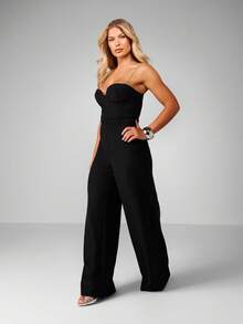 MISSGUIDED 钻石吊带阔腿连体裤晚装露肩阔腿裤全长 - 黑色 - 查看 4