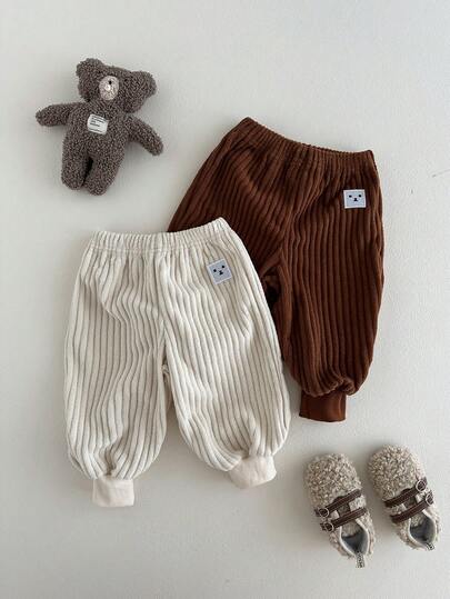 SHEIN 2 件套幼儿男童灯芯绒松紧腰罗纹下摆裤子，穿着舒适，适合春夏秋冬，时尚搭配，户外活动，婴儿礼物