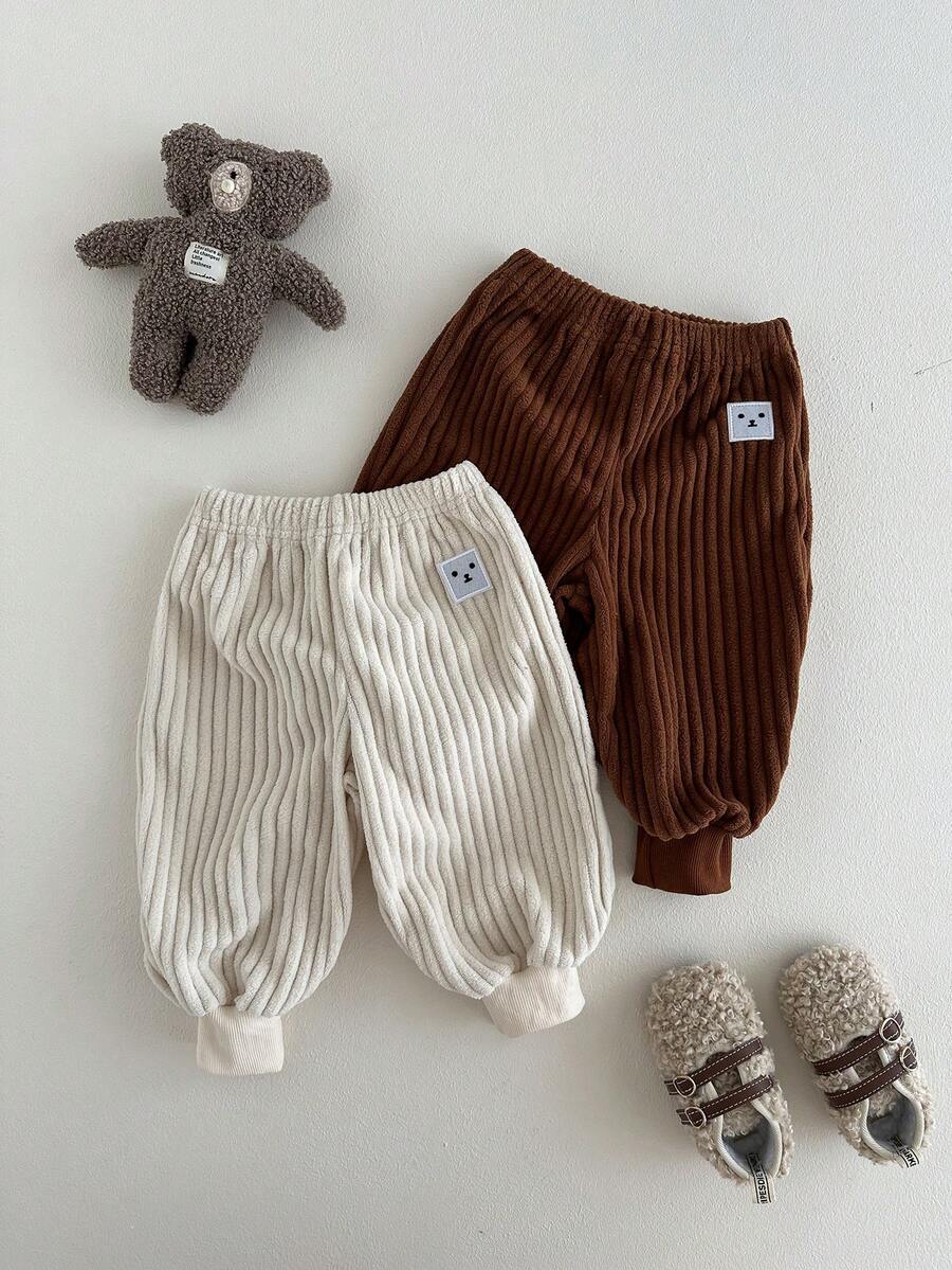 SHEIN 2 件套幼儿男童灯芯绒松紧腰罗纹下摆裤子，穿着舒适，适合春夏秋冬，时尚搭配，户外活动，婴儿礼物