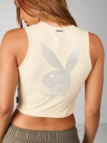 Missguided x Playboy 短款上衣 水钻标志设计 节日无袖 高领 修身 夏季派对装 休闲街头装 时尚个性上衣 - 米色 - 查看 1
