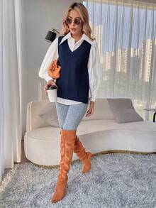 SHEIN Essnce Split Hem Sweater Vest Without Blouse In Fall/Winter,Fall,Fall Clothes For Women - Navy Blue - View 5