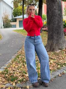 Jeta Ari Damen eleganter einfarbiger Rundhals-Knopfverschluss Langarm Lässig Pullover, vielseitig einsetzbar für Weihnachten, Alltagstragen, Business Lässig, gestrickter Pullover für Herbst/Winter - Rot - Übersicht 6