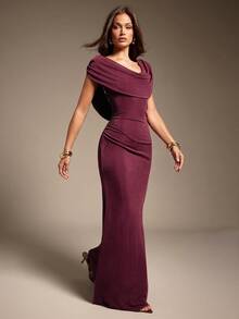 Hauture 女式性感夜场前后围脖领大胆肩部褶饰酒红色连衣裙 - 酒紅色 - 查看 2