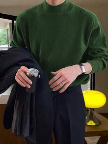 Claim Dot Men's Stand Collar Solid Color Drop Shoulder Long Sleeve Casual Loose Pullover Sweater Green Sweater Turtle Neck - Olive Green - View 3