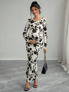 Momance 孕妇花卉印花长袖圆领连衣裙，秋季 - 彩色 - 查看 4