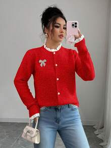 Elenzga Áo khoác cardigan nữ thanh lịch phối ren hoa, thích hợp mùa thu/đông, có khuy cài và nơ đính đá, áo len chui đầu sang trọng cho tiệc tùng và Giáng sinh/Năm mới, màu đỏ. - Đỏ - Xem 7