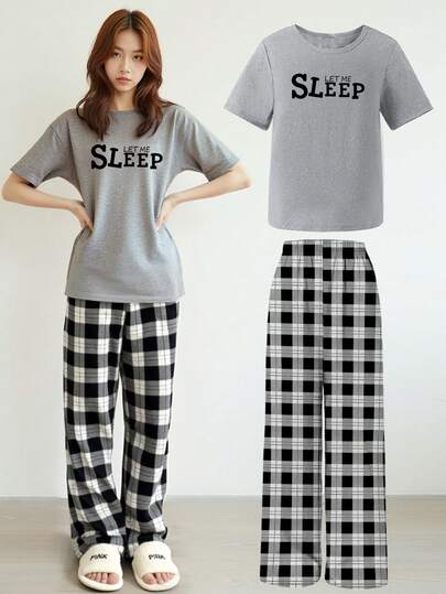 SHEIN Sparklyn Teen Girls 2 Pieces Pajama Set, Floral Print Top With Letter Graphics, Classic Black/White Plaid Pants, Casual Sleepwear