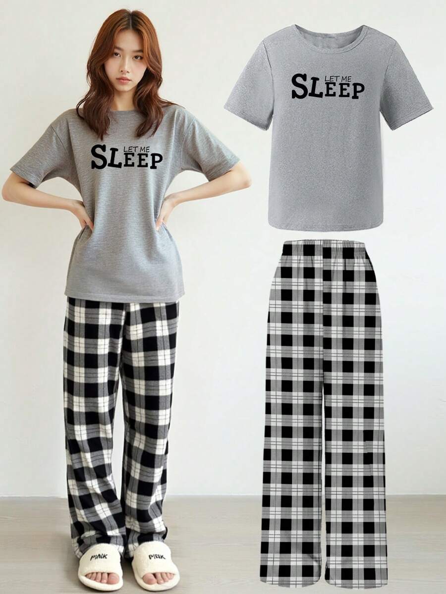 SHEIN 少女睡衣套装,花卉印花字母图案上衣,经典黑/白格子裤,休闲睡衣 - 灰色 - 查看 1