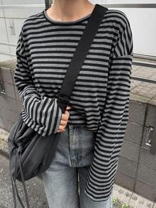 DAZY Loose Striped Color-Block Panel Long Sleeve Long Tee For Women Preppy Tops,Fall Women Clothes - Grey - View 11