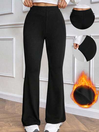 SHEIN PETITE Women's Casual Everyday Versatile Slim-Fit Thermal Lined High-Waisted Wide-Leg Pants With Elastic Waistband, Black Winter Style, Black Pants For Women.