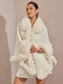 Enchnt معطف بونشو فضفاض مزين بفرو اصطناعي للنساء، لون أحادي، موضة، خريف/شتاء - أبيض - مشاهدة 4