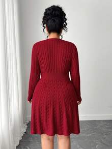 Elenzga 圣诞节加大码时尚甜美蝴蝶结腰部A字连衣裙，酒红色绞花针织套头连衣裙 - 酒紅色 - 查看 2