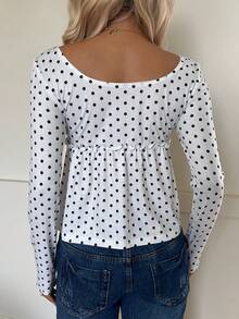 SHEIN EZwear 女式休闲白色波尔卡圆点方领长袖修身T恤，秋季 - 白色 - 查看 2