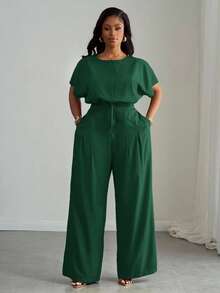 Slaydiva Bộ đồ 2 món màu xanh lá cây thanh lịch, phù hợp cho mùa Xuân/Hè, đi làm, dự tiệc, đi club và hoạt động ngoài trời, gồm áo crop top dáng rộng vai rớt có dây rút và quần ống rộng có túi dành cho nữ cỡ lớn - A - Màu xanh lá cây đậm - Xem 7