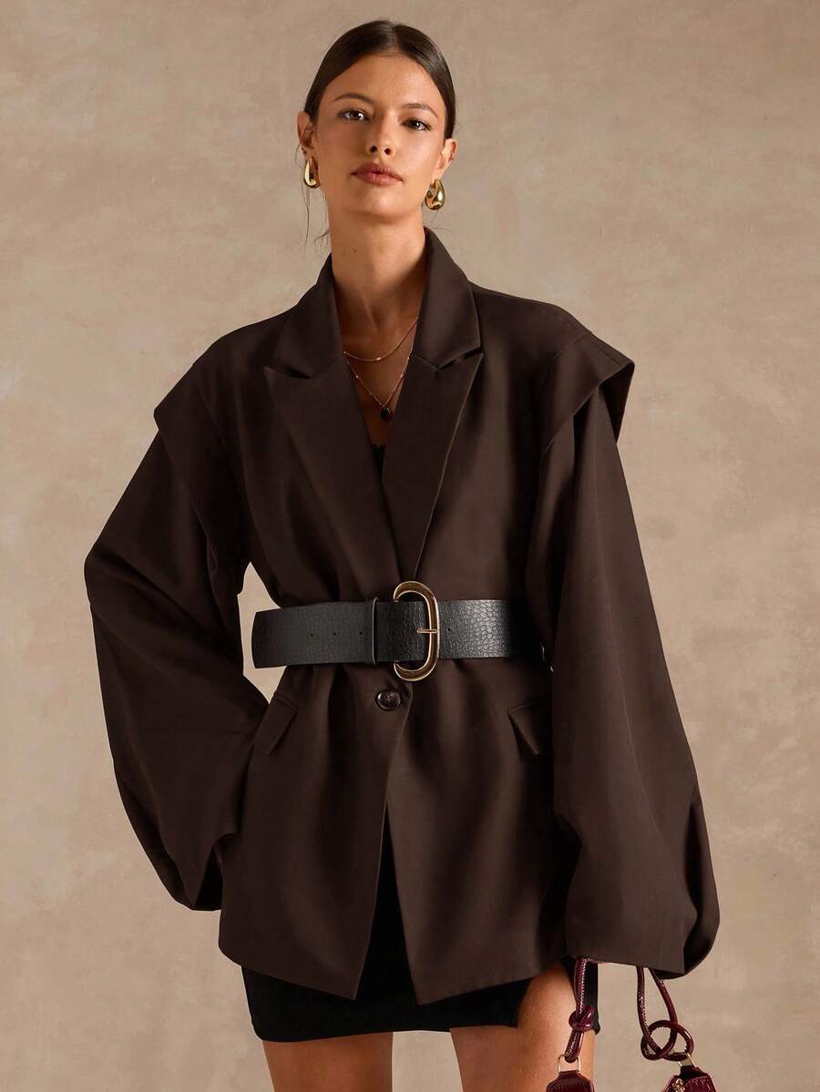 SHEIN BAE بليزر نسائي بأكمام جرس ذو لون أحادي، مناسب للعمل - قهوة بني - مشاهدة 1