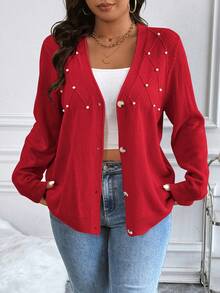 Vionelle Plus Size Women Long Sleeve Single-Breasted Partial Bubble Pearl Rhombus Texture Cardigan Red Blazer Women Red Cardigan Women Women Cardigan Women Blouses Long Sleeve Red Blouse Women Plus - Red - View 5