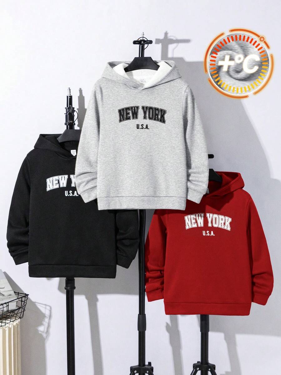 3 件套青少年男童休闲字母印花连帽长袖针织运动衫，黑色、灰色、红色，适合秋冬季 - 紅色 - 查看 1