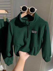 2 件套青少年男童羊毛领夹克和运动裤套装，适合通勤、上学、休闲、运动，可搭配男童外套、儿童外套、男童长袖衬衫、圣诞运动衫、圣诞裤、男童夹克、长袖衬衫 - 墨綠色 - 查看 5