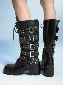 Sugerpunk Botas de fiesta y club de uso diario con cremallera lateral, puntera redonda, plataforma, suela gruesa, decoración de ojal y tela de PU negra - Negro - Ver 1