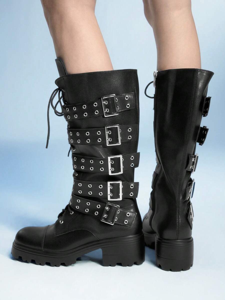 Sugerpunk Botas de fiesta y club de uso diario con cremallera lateral, puntera redonda, plataforma, suela gruesa, decoración de ojal y tela de PU negra - Negro - Ver 1