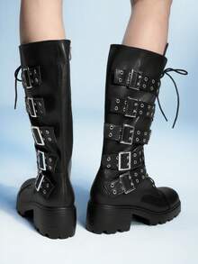 Sugerpunk Botas de fiesta y club de uso diario con cremallera lateral, puntera redonda, plataforma, suela gruesa, decoración de ojal y tela de PU negra - Negro - Ver 6