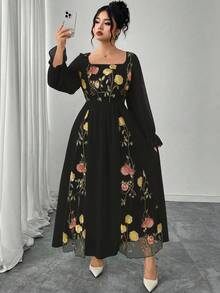 Modelyn 优雅花卉刺绣拼布加大码女式圆领长袖连衣裙 - 彩色 - 查看 1
