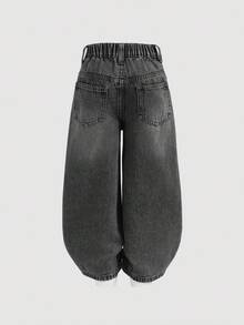 SHEIN 年轻女孩 Y2K 复古蓝色牛仔布毛绒宽腿宽松牛仔裤，羊毛加厚保暖牛仔裤，女孩秋冬装