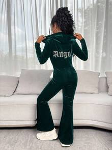 SHEIN 青少年女孩秋冬休闲时尚百搭针织天鹅绒连帽拉链后钻修身喇叭裤，周末休闲外出，节日派对，圣诞节 - 墨綠色 - 查看 7