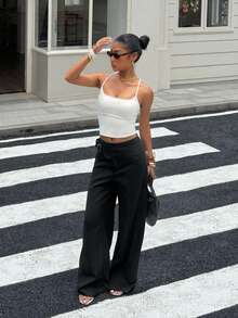 SHEIN EZwear Women's Black Metal Buckle Casual Wide Leg Pants, Versatile For Autumn,Black Pants - Black - View 6