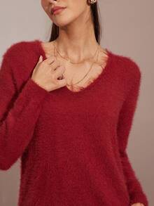 Enchnt Winterromantisches zweiteiliges Damen-Set: Rotes V-Ausschnitt-Top mit langen Ärmeln und Rock. Schick und elegant für Alltag und Freizeit, Halloween-Kostüm, Weihnachtskleidung, elegantes Winter-Set, rotes Set, Winteroutfit für Damen, Silvesterkleidung. - Bordeaux - Übersicht 7