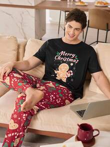 CoupledUp 圣诞姜饼人和圣诞树拐杖糖印花圆领长袖情侣睡衣套装 情侣配套睡衣套装 男士睡衣套装 - 彩色 - 查看 5