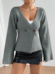 SHEIN Unity Áo len cardigan dệt kim hai hàng khuy, thắt eo thời trang dành cho nữ, Thu/Đông - Xám - Xem 4