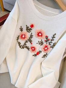 Linhara Plus Size Women Embroidered Floral Knit Sweater Top, Winter - Multicolor - View 4