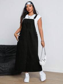 SHEIN CURVE+ 大码女式牛仔风格黑色无弹力休闲时尚背带连衣裙，女士冬季连衣裙 - 黑色 - 查看 3