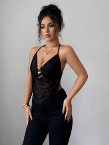 Rafferiza 女士优雅性感内衣外穿黑色蕾丝金属扣镂空领露背吊带上衣，适合秋冬季节、新年、感恩节派对、婚礼等场合，尽显优雅气质。 - 黑色 - 查看 7