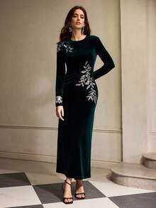 ZEYLAH Đầm Maxi thêu hạt cườm thanh lịch cổ tròn tay dài cho nữ, mùa thu/đông - Màu xanh lá cây đậm - Xem 8