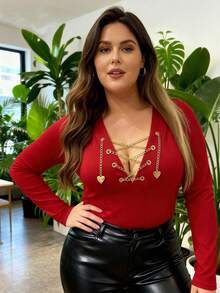 INAWLY Plus Size Fashionable Sexy Chain Criss-Cross Strap T-Shirt Fall - Red - View 5