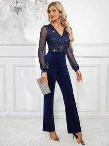 SHEIN Clasi Bộ đồ liền thân dài tay cổ chữ V lấp lánh dành cho nữ - Nhiều màu - Xem 6